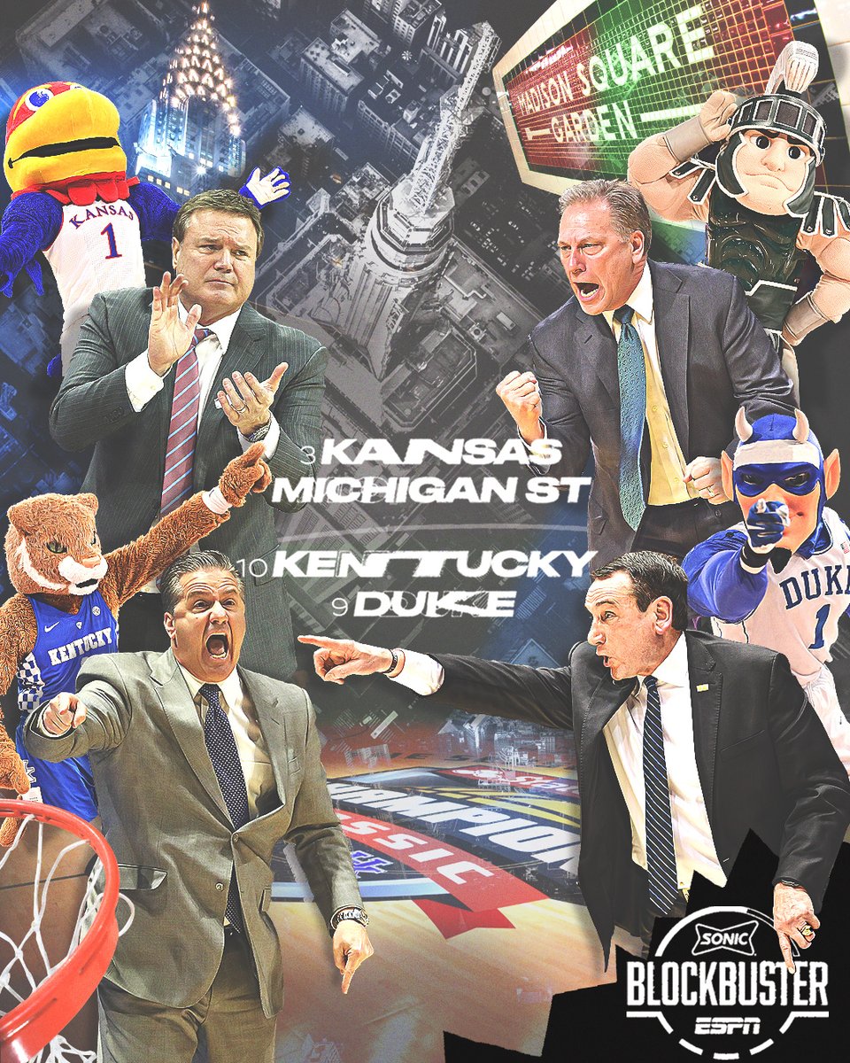 espn's tweet photo. The Champions Classic 🏀 🔥
@KUHoops x @MSU_Basketball
7 PM ET | ESPN
@KentuckyMBB x @DukeMBB
9:30 PM ET | ESPN
The Blue Bloods take over MSG. https://t.co/7NzKsvaUf1