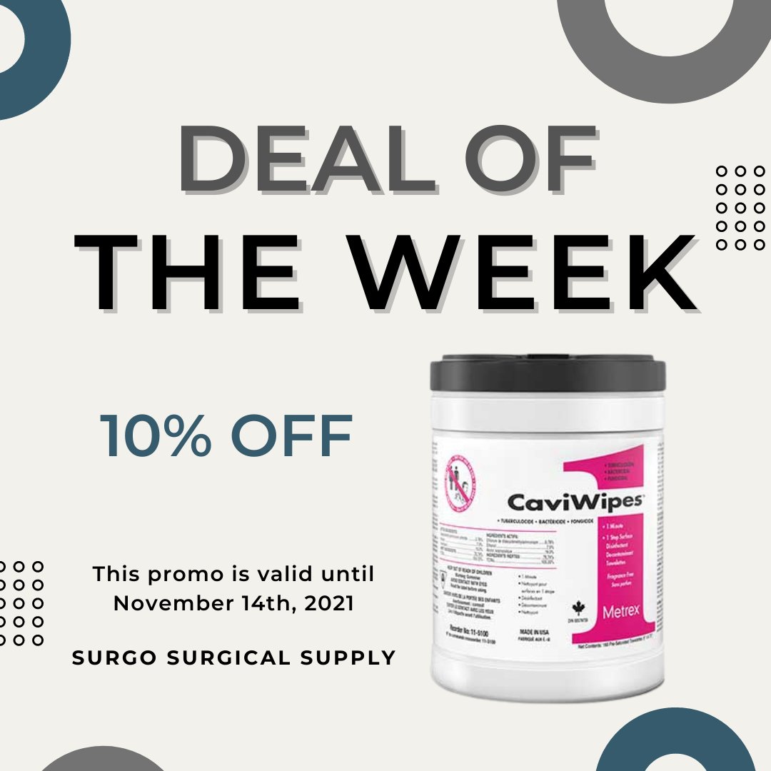 SurgoSurgical's tweet photo. For our Deal Of The Week, you can get 10% off our CaviWipes 1 Disinfectant Wipes! This fragrance-free broad-spectrum disinfectant can be found on our website at https://t.co/cnyELcB6Wj. #disinfectantwipes #disinfectant #wipes #medicalsupplies https://t.co/cpOtFlY3n0