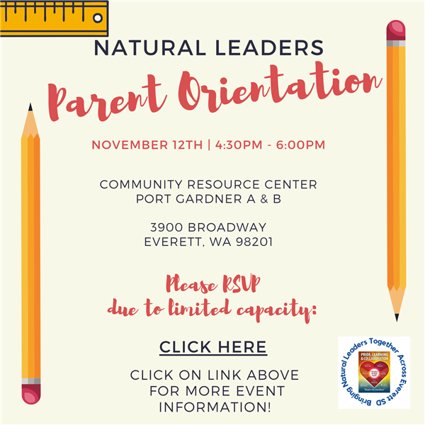 EverettSchools's tweet photo. Check out our Diversity, Equity, and Inclusion department website where you can RSVP for our annual Natural Leaders Parent Orientation! This year it is on Nov. 12, 4:30-6 p.m. in the Community Resource Center at 3900 Broadway in Everett. https://t.co/xu7GDfEzAg https://t.co/GH6gfnJoF5