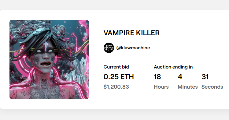 KlawMachineArt's tweet photo. Wow 😍 Just got a bid on 'VAMPIRE KILLER' @withFND by the legendary @Crypt0_Ape !! Thank you so much for your ongoing support in our art and for kicking off this auction 🔥🔥🔥

https://t.co/FfoiXOGLBd

#nftcommunity #NFTs #NFTdrops https://t.co/Ut76756WUD