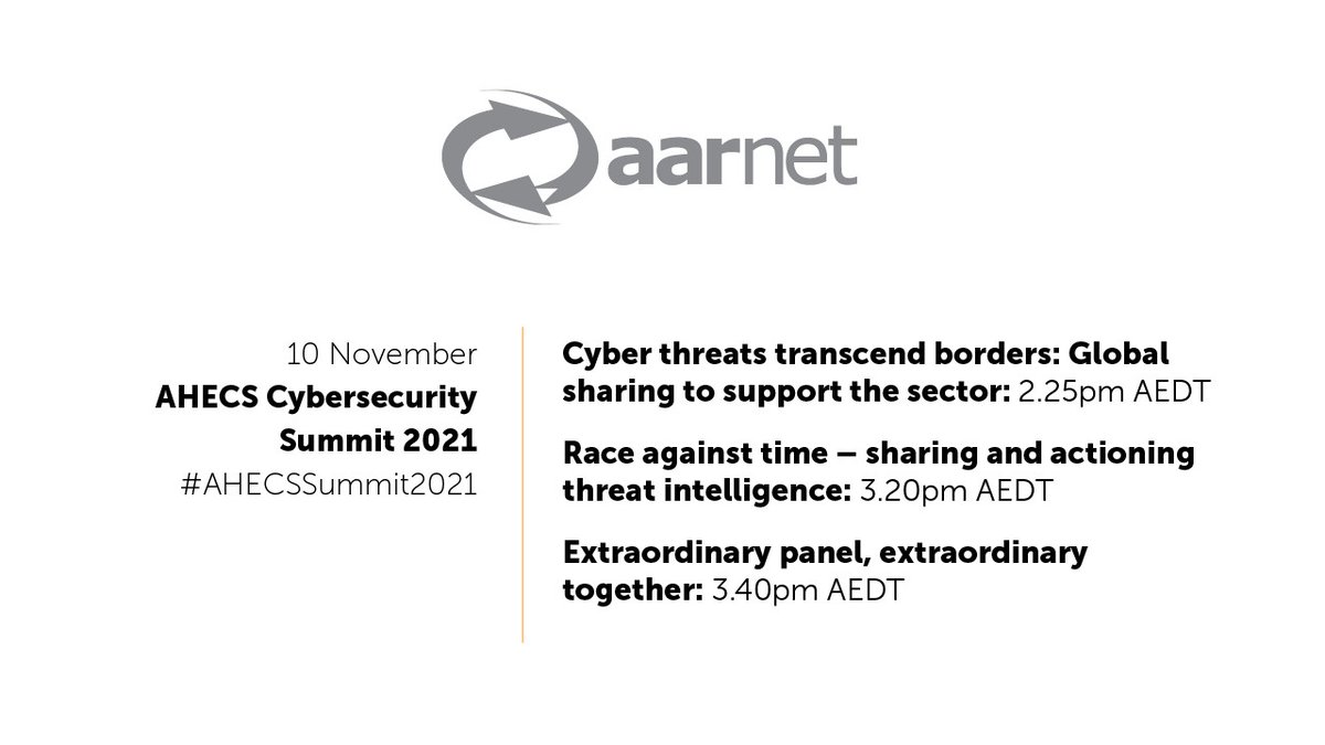 AARNet's tweet photo. We're taking part in some great sessions coming up this afternoon at the #AHECS #CyberSecurity summit! We hope to see you there!
Find out more at https://t.co/NvhoDJQuna
#AHECSSummit2021 https://t.co/TT0Zrm6SqO