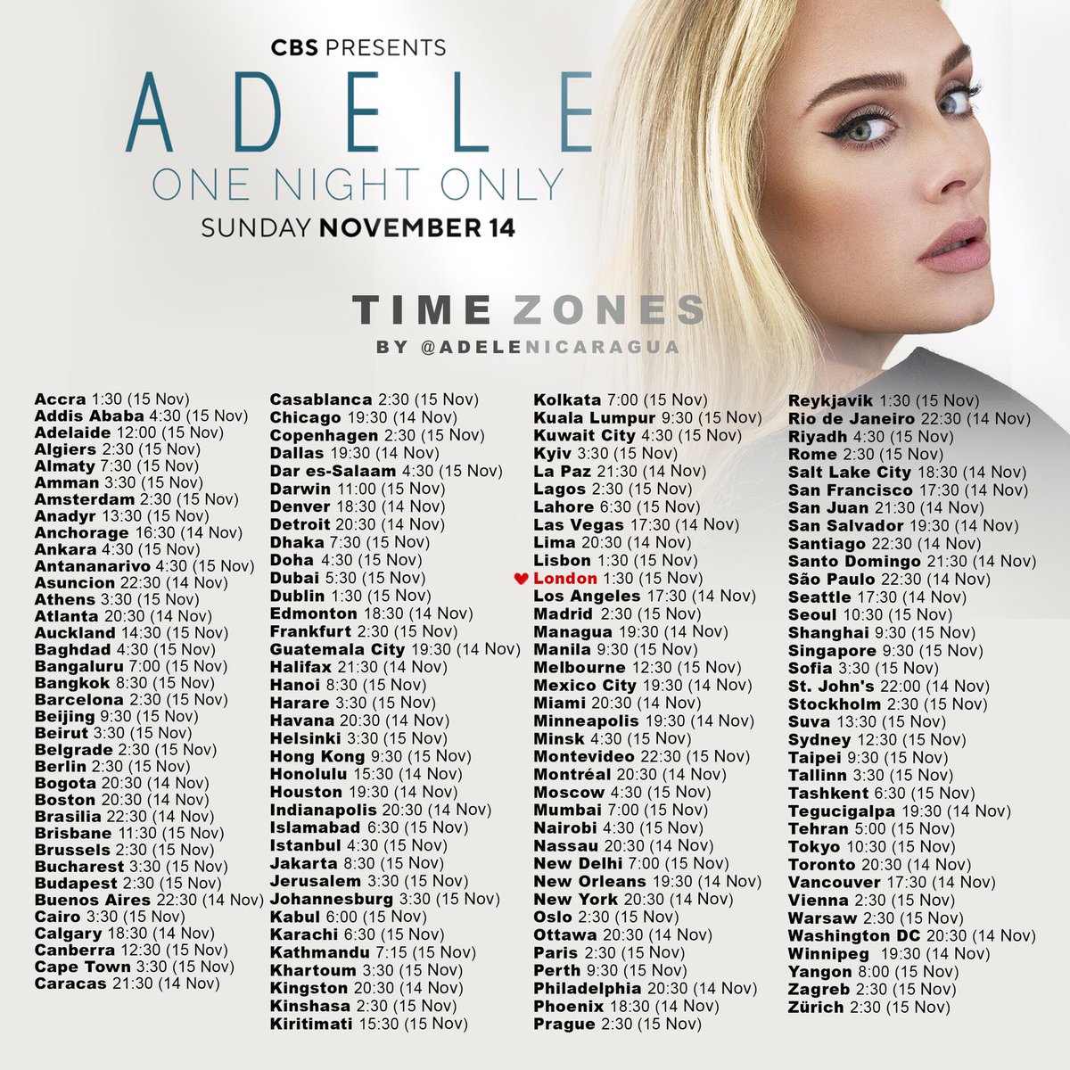 AdeleNicaragua's tweet photo. » 🌎 HORARIO MUNDIAL | Este domingo 14, veremos a Adele interpretar sus grandes éxitos y cuatro nuevas canciones en el especial de CBS, “Adele: One Night Only”.

Siete enlaces para poder ver el show y estaremos agregando más, pruébalos, solo ingresa aquí: https://t.co/j9RQLb3Yl0 https://t.co/jaEqfqnp02