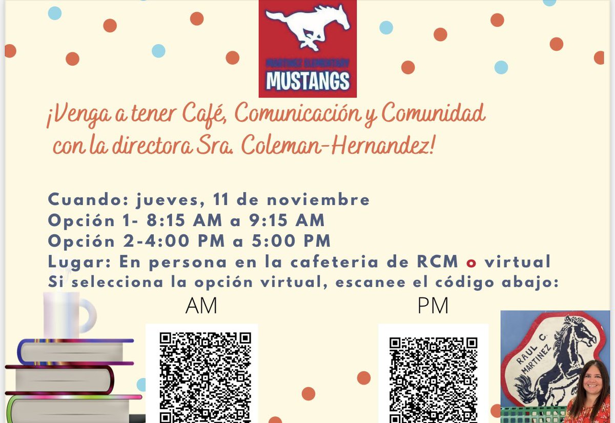 RMTZElem's tweet photo. We want to invite our Mustang community to coffee with Principal Coleman-Hernandez this Thursday. For more information please contact the school office βοΈ #RCMSTRONG @AprilColeman74 https://t.co/4qXC5pxKvm