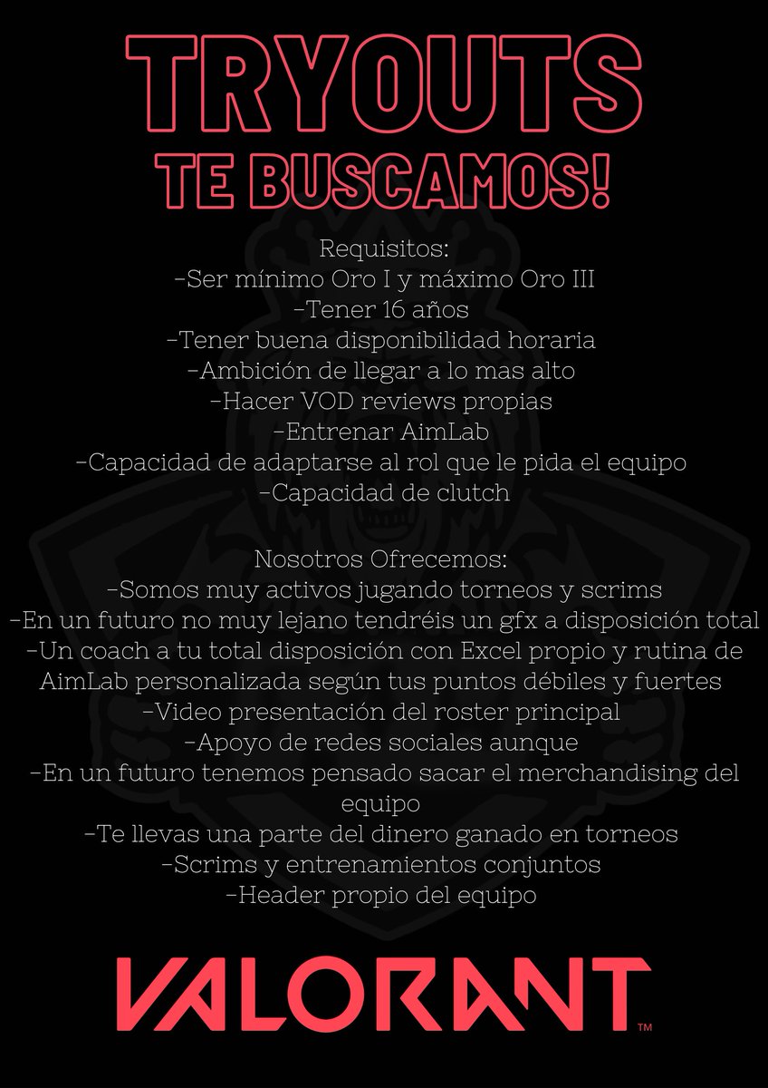 F4W_Official's tweet photo. ¡Tenemos TRYOUTS para que podáis entrar a nuestro equipo de Valorant! 
Solo tenéis que abrirnos al md si cumplís los siguientes requisitos. https://t.co/OXuYcf78LM