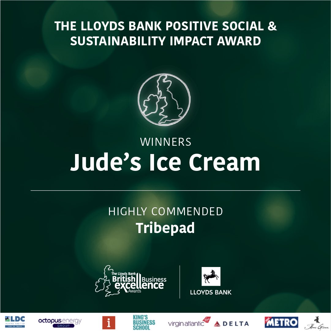 bbexawards's tweet photo. Congratulations to @Judesicecream on winning The Lloyds Bank Positive Social &amp; Sustainable Impact Award 🎉

#BBEA21 #Awards
@LloydsBankBiz https://t.co/RF8wYpTZ3y