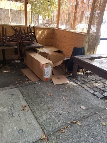 berrystalliance's tweet photo. What outdoor dining looks like in @NYC_DOT - charming ๐ตโ๐ซa street activated with rat infested standing water that never goes away, rats borough in tree pits, speakers amplify music outside & homeless sleep in sheds - all outside your door! #notparis #sunsetthesheds https://t.co/q0hGkFJcuj