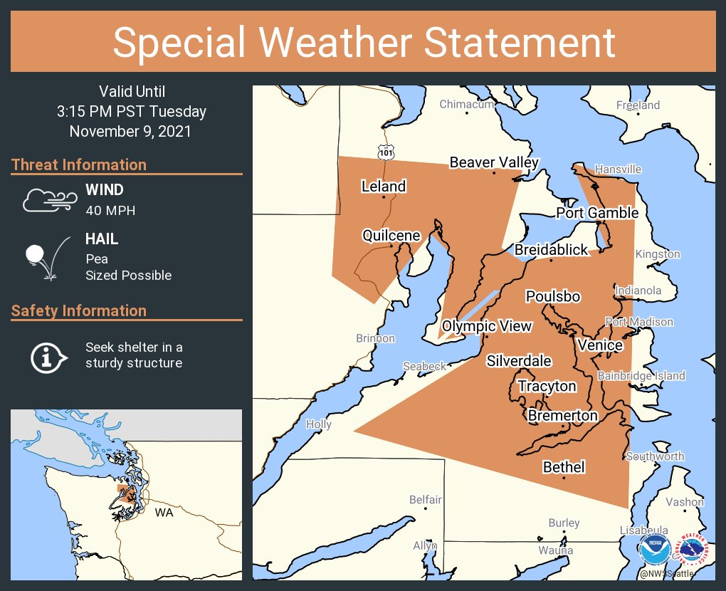 NWSSeattle's tweet photo. A special weather statement has been issued for Bremerton WA, Silverdale WA, Port Orchard WA until 3:15 PM PST https://t.co/Opo45XOVR7
