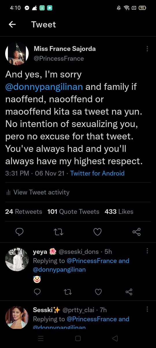 On behalf of Donny and the family, we accept this public apology. Lahat naman tayo nagkasala na rin, ang mahalaga humihingi ng tawad, at iwasan nang maulit pa. We will continue to do what we can to make social media a safer and more peaceful place for all. Good morning!