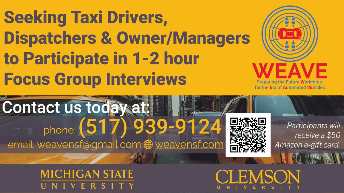 weavensf's tweet photo. We are looking for #taxi drivers, dispatchers, and owners/managers in the US to participate in 1-2 hours long focus group interviews. Participants will receive a $50 Amazon e-gift card. #Cab #TaxiWorkers #YellowCab #GreenCab #Taxi #AutonomousVehicles  #SelfDriving #Driverless #AV https://t.co/cCXNP0oxxl
