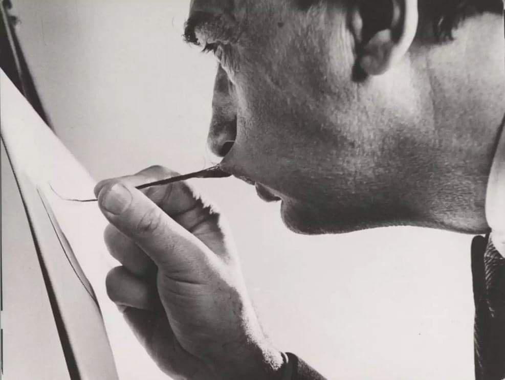 ddoniolvalcroze's tweet photo. Salvador Dali painting with his mustache, 1954. https://t.co/2a8d10p3BP