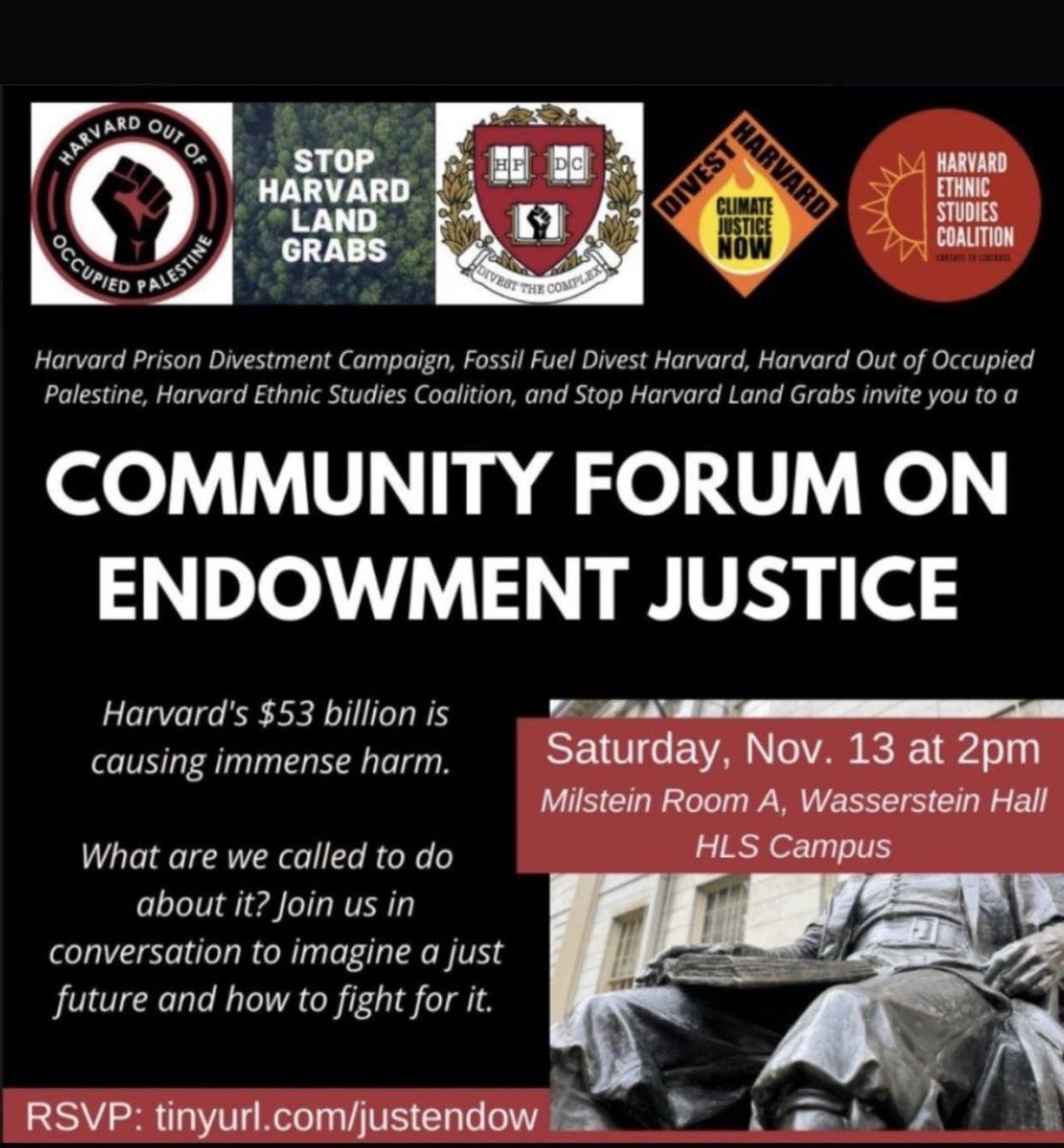 join us this weekend for dialogue and action around Harvard’s $50+ billion dollar endowment and our fight for divestment from fossil fuels and the prison industrial complex 🔥 forum sign up below!

eventbrite.com/e/endowment-ju…