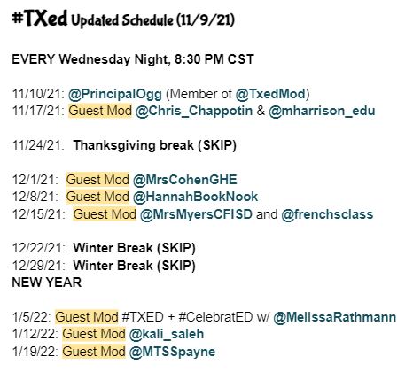 Wow!  Guest Mod's for the WIN!  Our weekly #TXed chat is booked until Jan. 2022!  Thank you: <a href="/Chris_Chappotin/">Dr. Chris Chappotin</a> <a href="/mharrison_edu/">Morgan  Harrison</a> @MrsCohenGHE @HannahBookNook <a href="/MrsMyersCFISD/">Tara Myers</a> <a href="/frenchsclass/">Kelsey French</a> <a href="/MelissaRathmann/">Melissa Rathmann ~ #CelebratED 🎉</a> <a href="/kali_saleh/">Kali Saleh, M.Ed.</a> &amp; @MTSSpayne 

Also, Huge shoutout to the <a href="/TXEDMod/">TXed Team</a> Team Members!