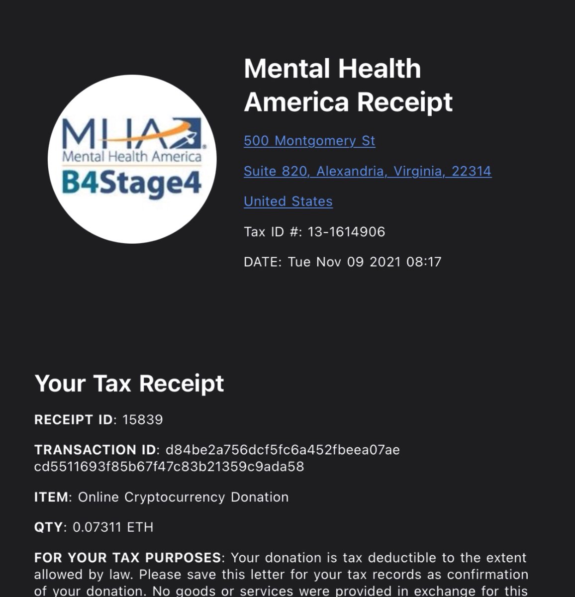 BlazedCats's tweet photo. Another donation of .07 ETH was automatically sent to @MentalHealthAm ! #BlazedChecks https://t.co/kHQ4uBwuBs