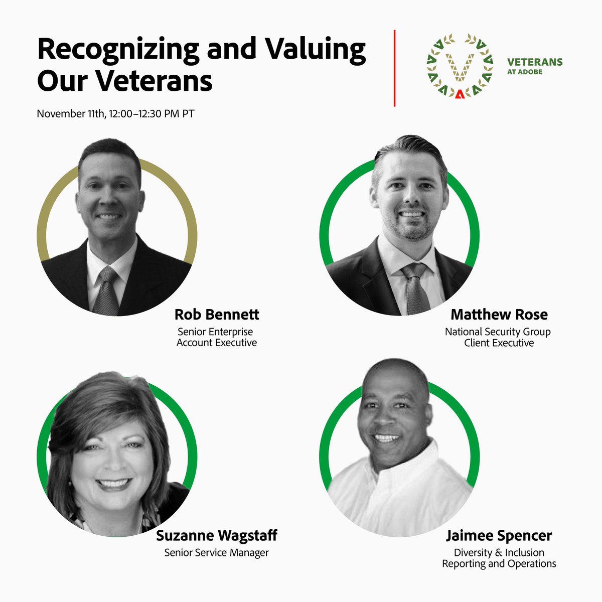 Adobe's tweet photo. We're committed to supporting and advocating for our veterans in the workplace and beyond. Join the Adobe Veteran Employee Network this Thursday as they share their experiences in the military and how it's shaped their lives and careers today. Attend here: https://t.co/yj7xdRK9gt https://t.co/5WsrRBxhUe