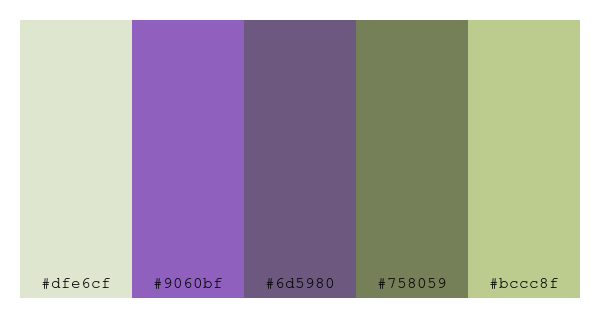 ColPaletteBot's tweet photo. Beep beep, here's a pretty color palette for you! 

color-scheme.js parameters used: 
- hue: 140
- variation: soft
- colors: #dfe6cf, #9060bf, #6d5980, #758059, #bccc8f

Have a lovely evening!

#twitterbot #colorpalette #colors #palette #prettycolors https://t.co/582q50tN6t