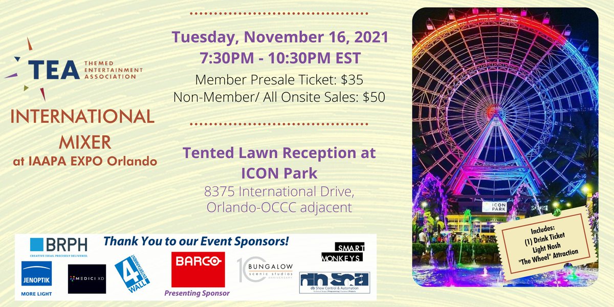 TEA_Connect's tweet photo. Tickets are still available for the TEA International Mixer at IAAPA Expo Orlando! Come have a drink with us and enjoy a ride on the Wheel at ICON Park on Tuesday, 11/16. 🍹🎡

Purchase Tickets Here - https://t.co/3DhEhAeGT0 https://t.co/QdcqFe4mhV