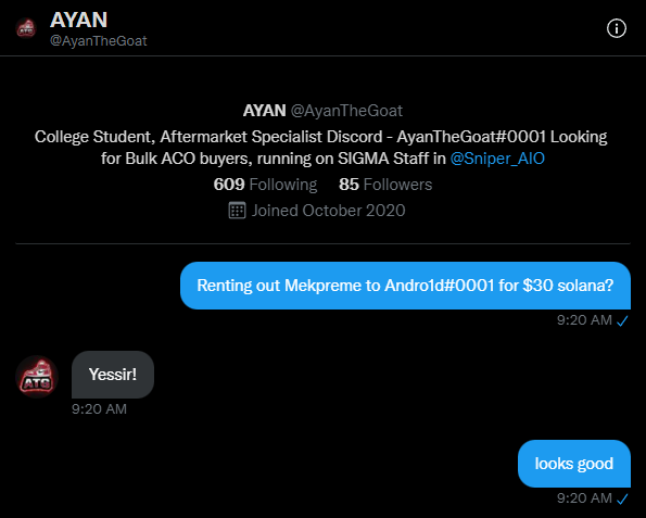 automation_only's tweet photo. @AyanTheGoat Posting on behalf of @manual_only. Scammed $30 Mek rental. I dm'ed on twitter to verify that it was his twitter acc and I had saw that he was affiliated with @Sniper_AIO and shared a few mutual server. I got blocked after I had sent payment and he deleted all his msgs. https://t.co/yE6t3Zpv06