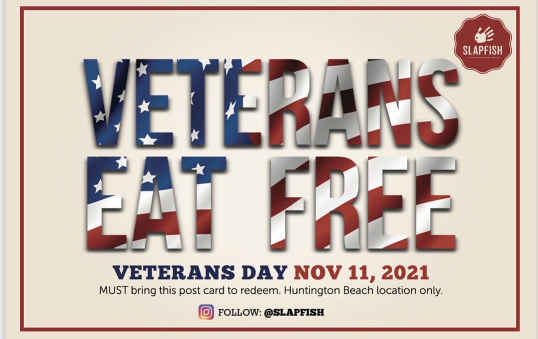 This Thursday, @SLAPFISHseafood Huntington Beach and <a href="/BigParm4/">Big Parm</a> in Tustin - All veterans eat free (and active military). Thank you.