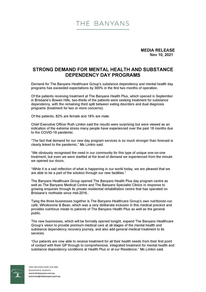 thebanyans_au's tweet photo. Demand for The Banyans Healthcare Group’s substance dependency and mental health day programs has exceeded expectations by 300% in the first two months of operation.

#thebanyans #drugs #alcohol #mentalhealth #treatmentprograms #rehab #healthcare #substancedependency https://t.co/8augr8OmUN