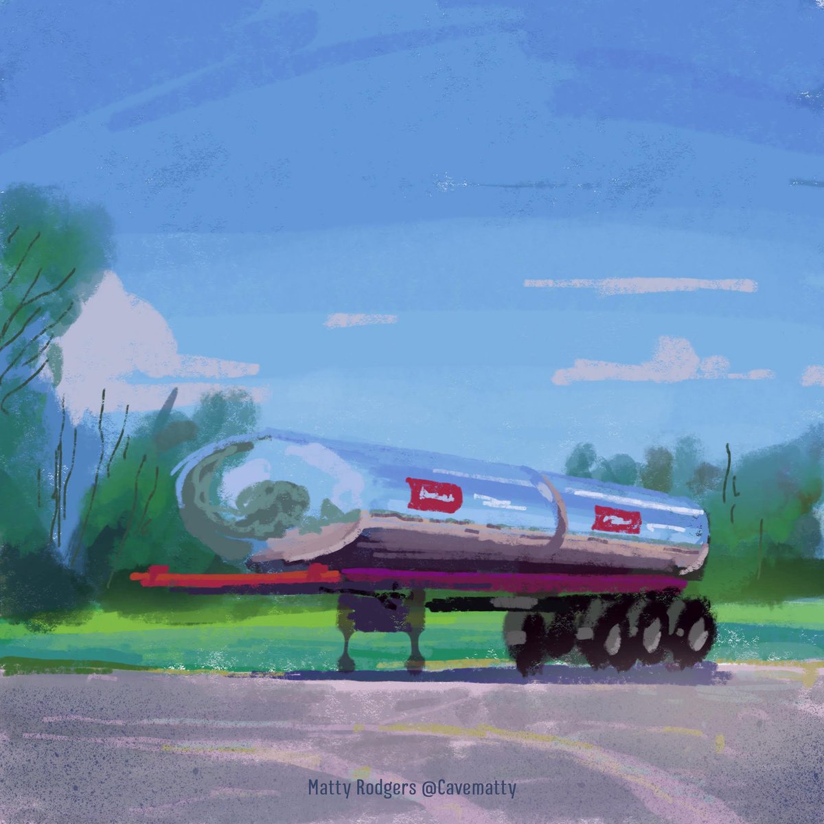 Cavematty's tweet photo. I found time this weekend to sneak in a couple of very quick plein air sketches on the ipad! It's been a long time, but it felt good to shake the rust off :) This chrome tanker trailer caught my eye a few days prior so I captured it when I had the chance. #pleinair #procreate https://t.co/hn0QlMrvyD