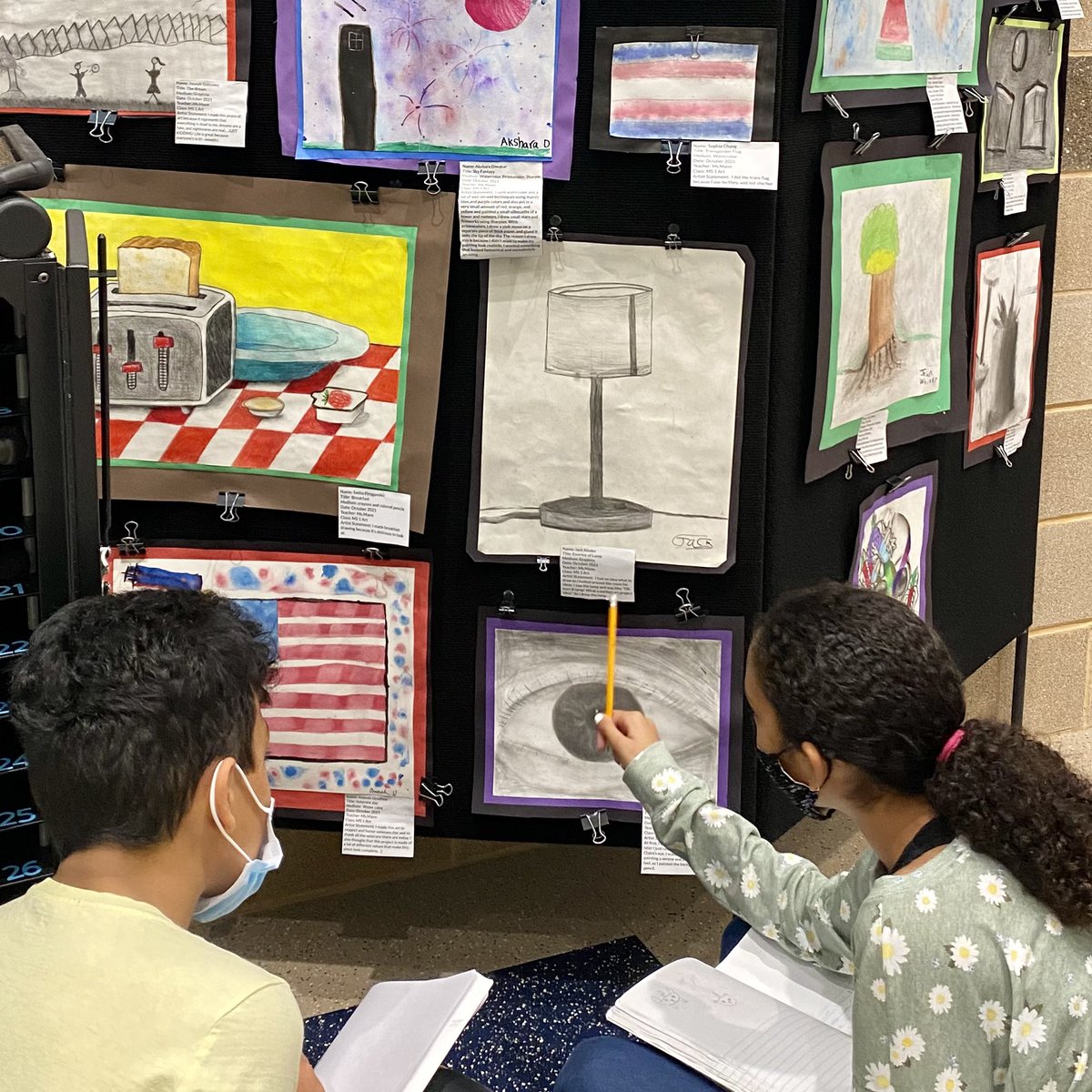 MissMannArt's tweet photo. Art students took a “field trip” to the PRAG (Pearson Ranch Art Gallery) to reflect on their work & the work of others. “I love the diversity of art within this one project”- 7th grader. And I love hearing them speak kindly about each others’ art! #ARTofPRMS #theRattlerWay https://t.co/EfcGzFUIOK