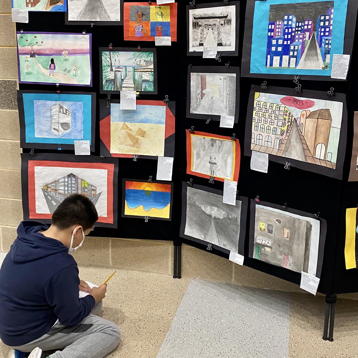 MissMannArt's tweet photo. Art students took a “field trip” to the PRAG (Pearson Ranch Art Gallery) to reflect on their work & the work of others. “I love the diversity of art within this one project”- 7th grader. And I love hearing them speak kindly about each others’ art! #ARTofPRMS #theRattlerWay https://t.co/EfcGzFUIOK