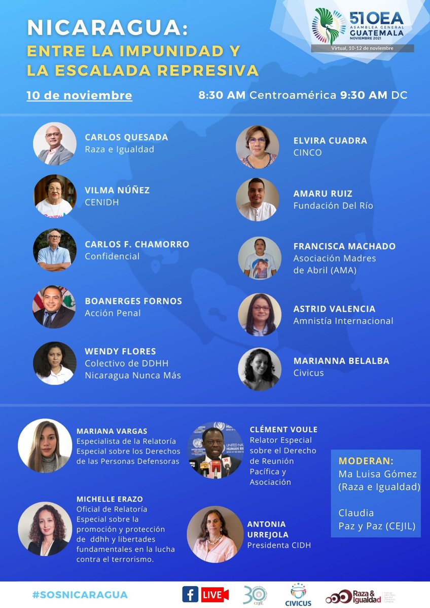 raceandequality's tweet photo. 🚨🇳🇮 MAÑANA | Webinar con @cenidh, @cinco_ni, @MadresDeAbril, @ColectivoNunca @AmnistiaOnline, @CIVICUSespanol, @cejil, @AccionPenal_org, @cefeche, @AmaruRuiz, y representantes de organizaciones int. como @cvoule y @totonia68

⏰8:30 NIC
🎥FB Live
📌Zoom https://t.co/fCm2nHL5WN https://t.co/078tURPDyL