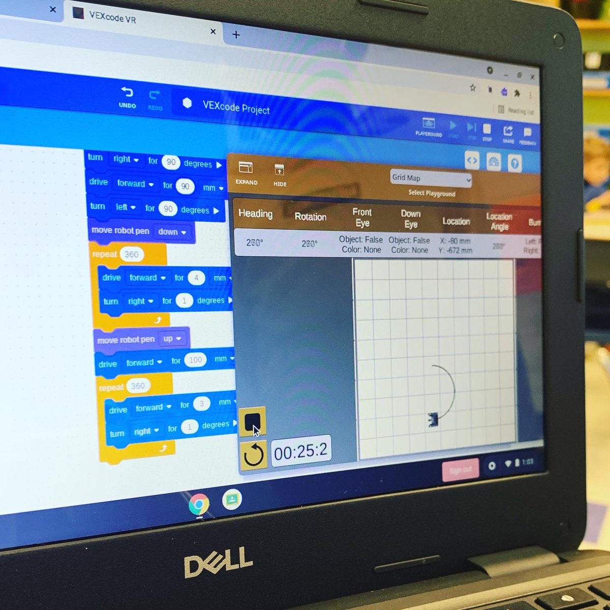 Miss_Crocker's tweet photo. Day 61: Challenge - “Code a bullseye” 🎯

My students continue to amaze me! #vexVR @VEXRobotics https://t.co/4oBXHvqL3J
