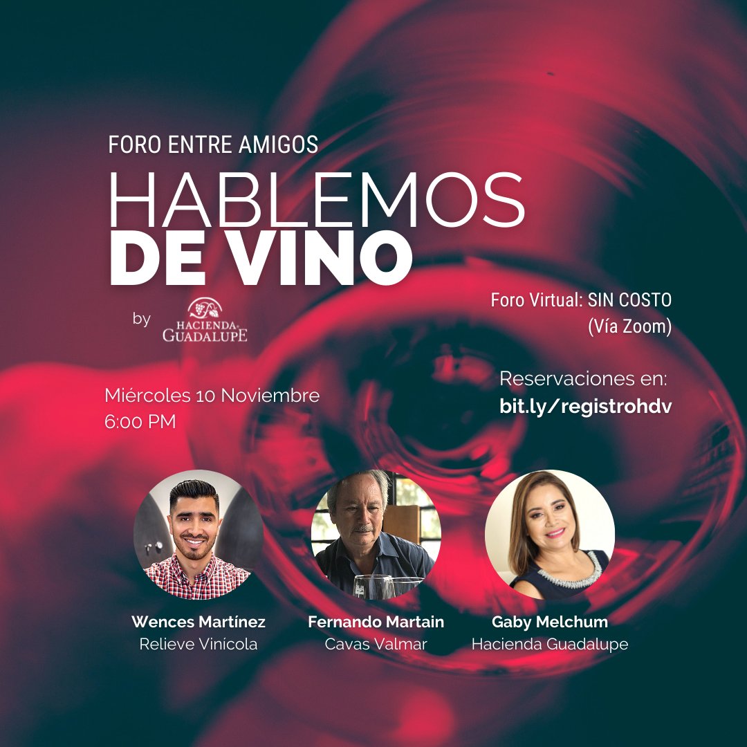 provino_bc's tweet photo. #HablemosDeVino🍷
Una plática casual entre amigos de la industria vitivinícola, compartiendo experiencias, trayectoria y sus vinos👌🏻
Miércoles 10 de noviembre, 2021.
Hora: 8:00PM hora CDMX (6:00PM Tijuana)
Modalidad virtual (Zoom): Sin costo
👉🏼Registro: https://t.co/V1e3H2GZf0 https://t.co/llOenNmCMX