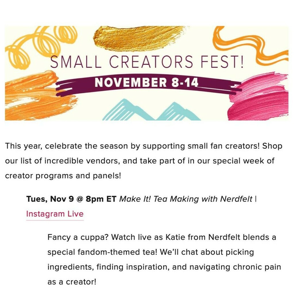 nerdfelt's tweet photo. https://t.co/lYqppzgbGS Join me on Instagram tonight at 8 eastern with @thehpalliance for #SmallCreatorsFest while I make a new tea and chat about picking ingredients, finding inspiration, and navigating chronic pain as a creator! Grab a cuppa and hang out with us! 
☕️ Comment … https://t.co/aStVf9eJSi
