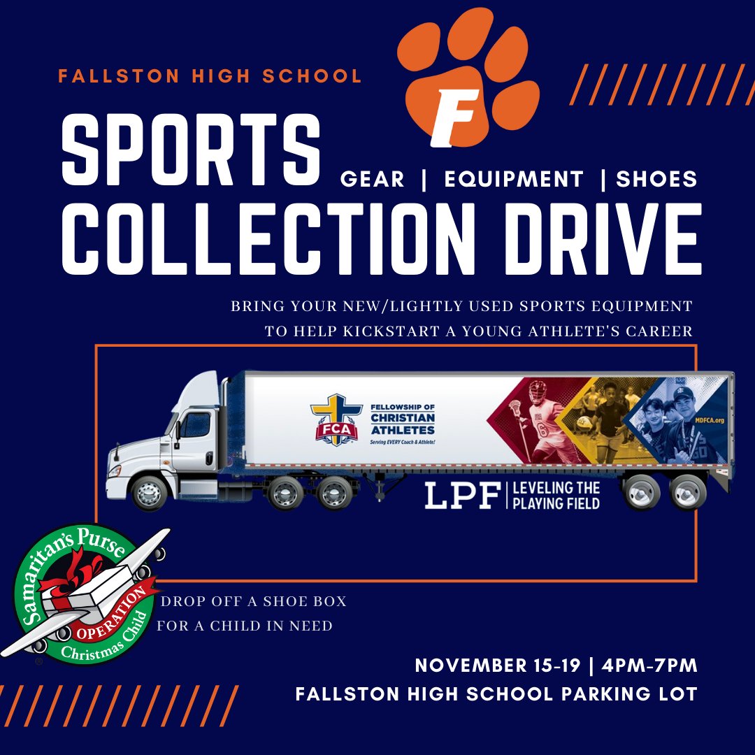 Attention FHS Community! The FCA is in need of your help. Do you have any new or lightly used sports equipment laying around the house? Consider donating to the FCA on November 15th - 19th from 4pm - 7pm!