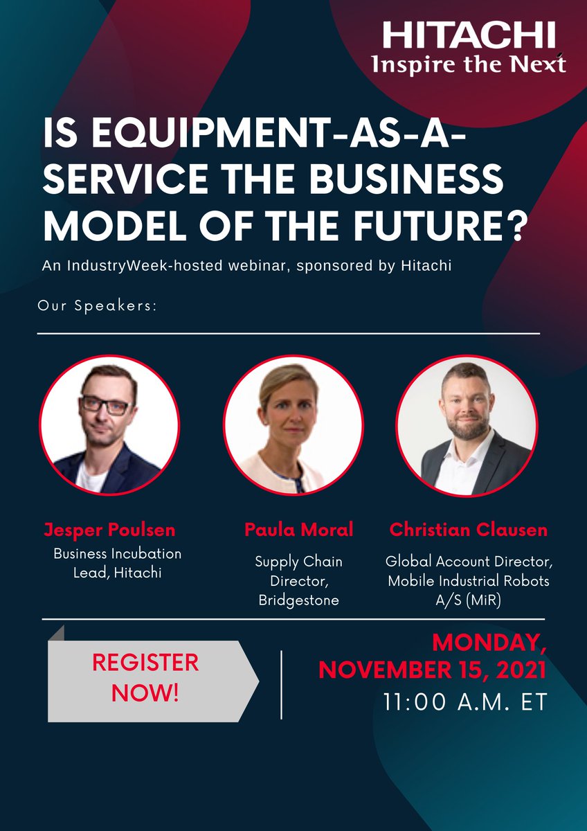 Hitachi's tweet photo. Register for this #Hitachi sponsored webinar where our Business Incubation Lead, Jesper Poulsen, and other #industry leaders discuss why #EaaS is the #businesmodel of the future. Happening next Monday, November 15th! https://t.co/Cu8XYAUN0L…
#SocialInnovation @IndustryNews https://t.co/fzbldehqTN