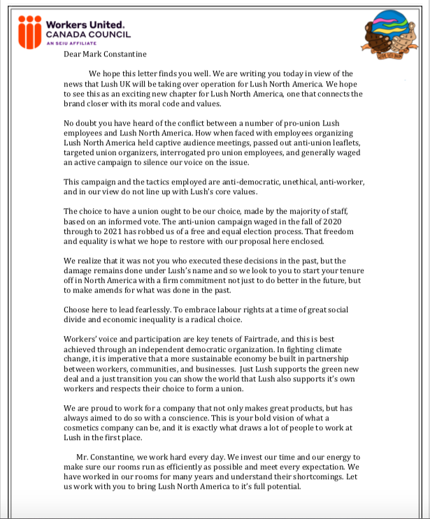 GlobalLushUnion's tweet photo. We sent a letter to Mark Constantine when it was announced he would be taking over operations in Lush North America. While it was confirmed that the letter was received we have yet to see any substantive response to it. https://t.co/WWuxxvFuZV