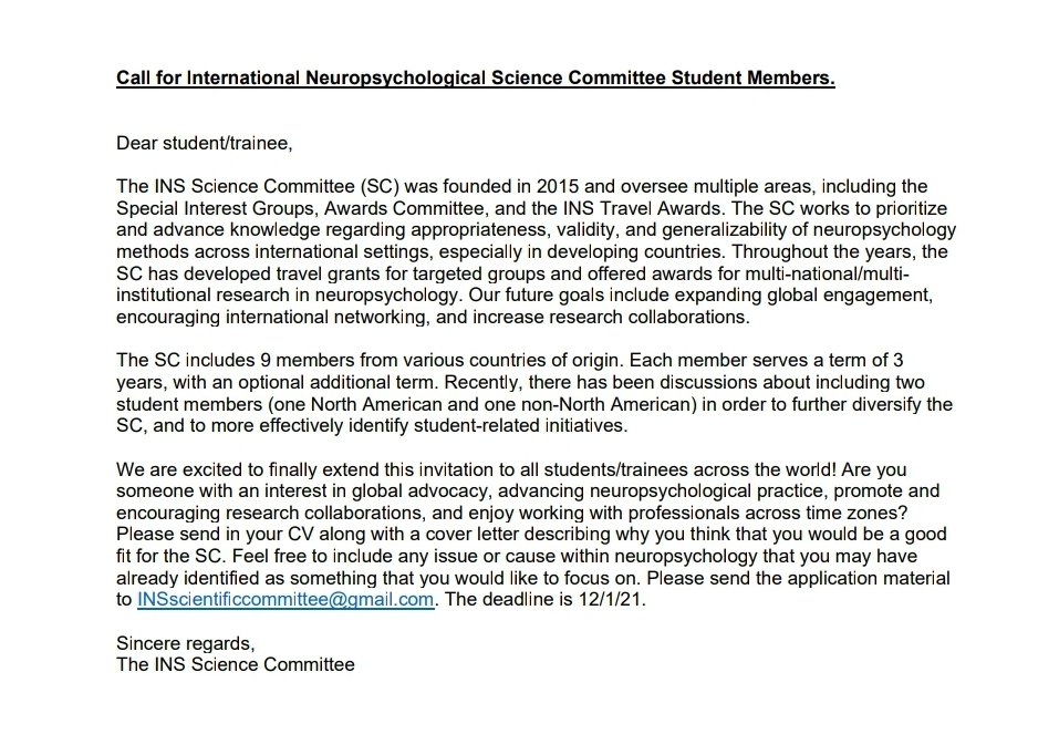 We are looking for two student members to join the <a href="/INSneuro/">INS</a> Science Committee! Please read the call below 👇🏽👇🏿👇🏻👇 <a href="/ins_slc/">INS Student Liaison Committee</a> <a href="/DONBPS/">BPS DoN</a> <a href="/AsianNeuropsych/">ANA Neuropsychology</a> <a href="/BNS_Neuropsych/">The British Neuropsychological Society</a> <a href="/FANPSE/">FANPSE Neuropsicología</a> <a href="/WorldWomenNeuro/">World Women in Neuroscience</a> @HispanicNS <a href="/_HNPS_/">Hellenic Neuropsychological Society</a> <a href="/CzechANP/">Czech Association for Neuropsychology</a> <a href="/SCN_WIN/">Women in Neuropsychology (WIN)</a> #neuropsychology #neuropsychTwitter #neuroscience