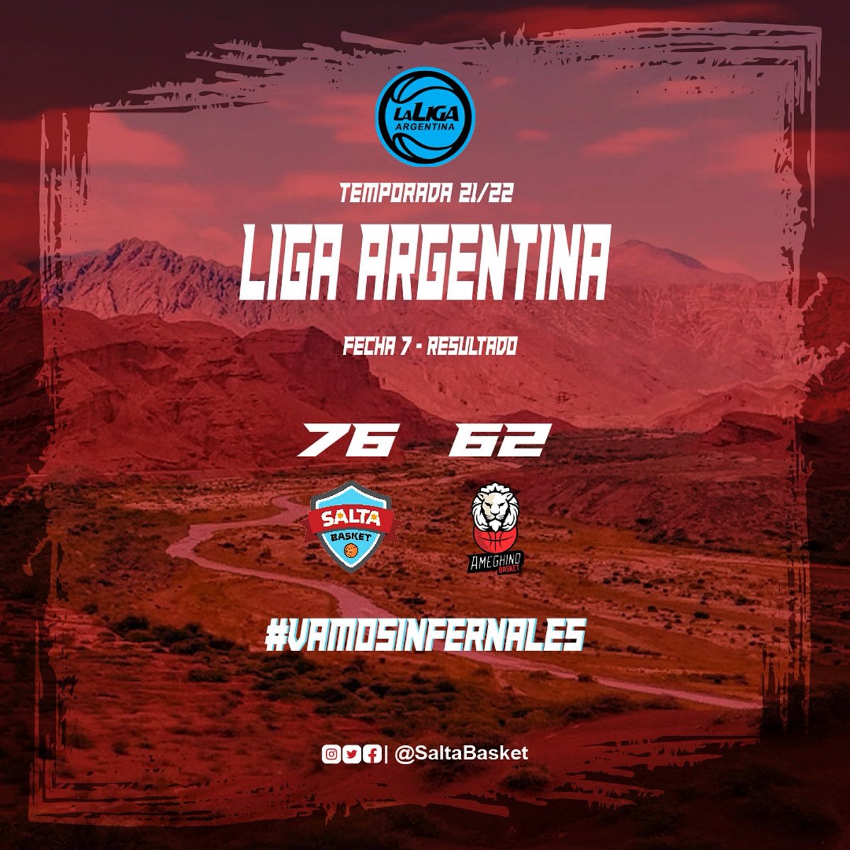 SaltaBasket's tweet photo. FINAL: ¡GANÓ SALTA! 🙌

Ameghino 62-76 Salta Basket

Gran triunfo de los Infernales en Mendoza 
🔥 N. Zurschmitten (23 pts | 7 rebotes)

#VamosInfernales https://t.co/9E8CwYVVrA