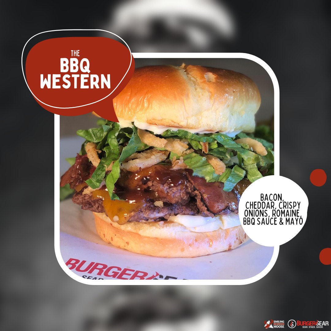 Now serving BurgerSear!  Our signature stack 🍔 loaded with  🥓, cheddar, crispy onions, romaine, BBQ &amp; mayo. Available with USDA Beef or as a Beyond Burger (100% Plant based Protein).

Order yours here: smilingmoose.rrtusa.net