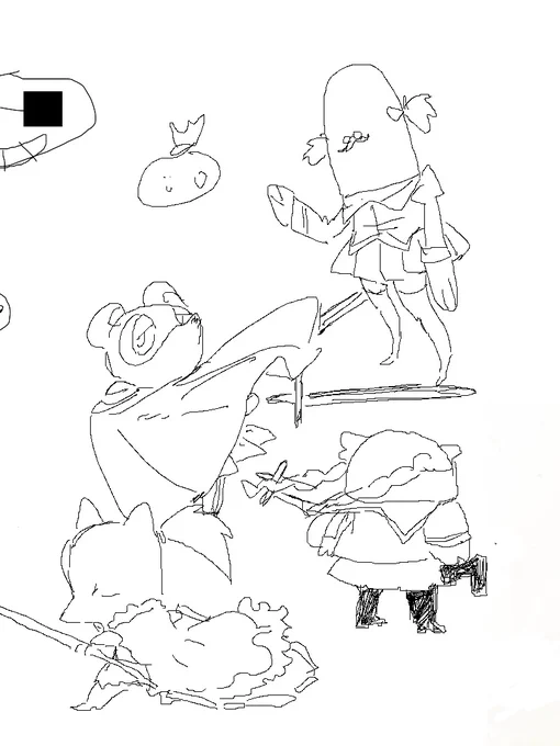 our blathers brewster story ended up splitting into alternate timelines so we drew blathers as homura. Isabelle was going to be mami but I didn't remember what she looked like enough to draw her 