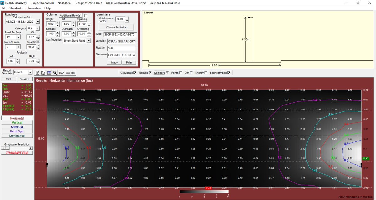 DragonLighting1's tweet photo. AS/NZS1158.3.1:2020 roadway lighting design

The image shows how Lighting Reality is easily used to calculate a road lighting design to AS/NZS1158.3.1:2020. Furthermore, the option to utilise spill light into abutting properties for lighting categories PR3-PR6.

#AS1158
#NZS1158 https://t.co/7jD6n8S8Om