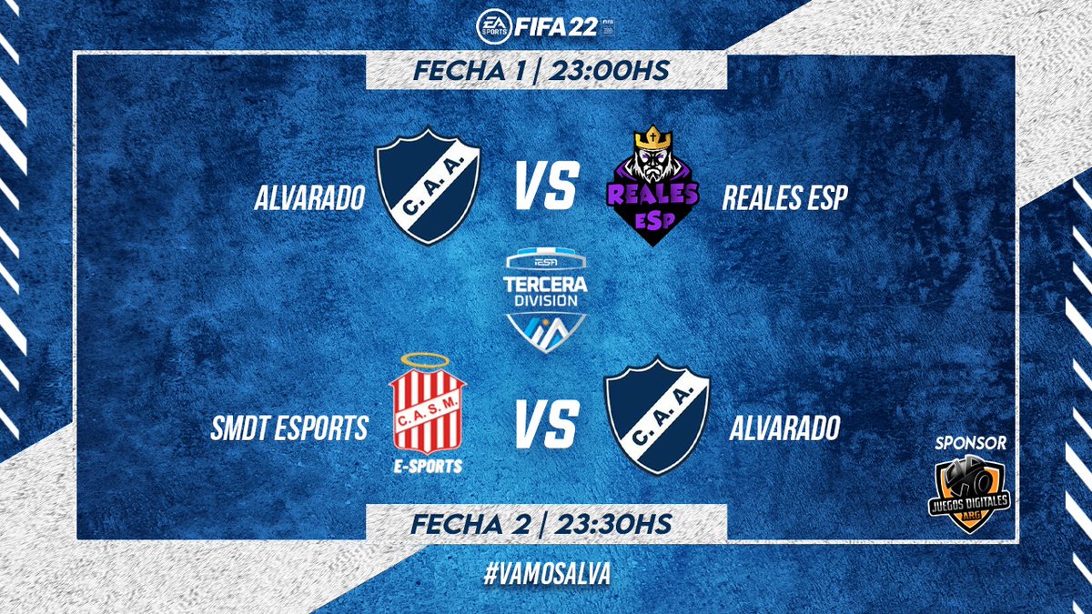 esportsalvarado's tweet photo. 🔵⚪TERCERA DIVISIÓN⚪🔵
🔹FECHA 1🔹
🆚@realesesp
⏰23:00HS
🏟️LOCAL
🔹FECHA 2🔹
🆚@casmesports
⏰23:30HS
🏟️VISITANTE
📺https://t.co/3o6FOyAn8M
#VamosAlva #VamosMatade #MataderoVirtual https://t.co/LkG5TDU3KG