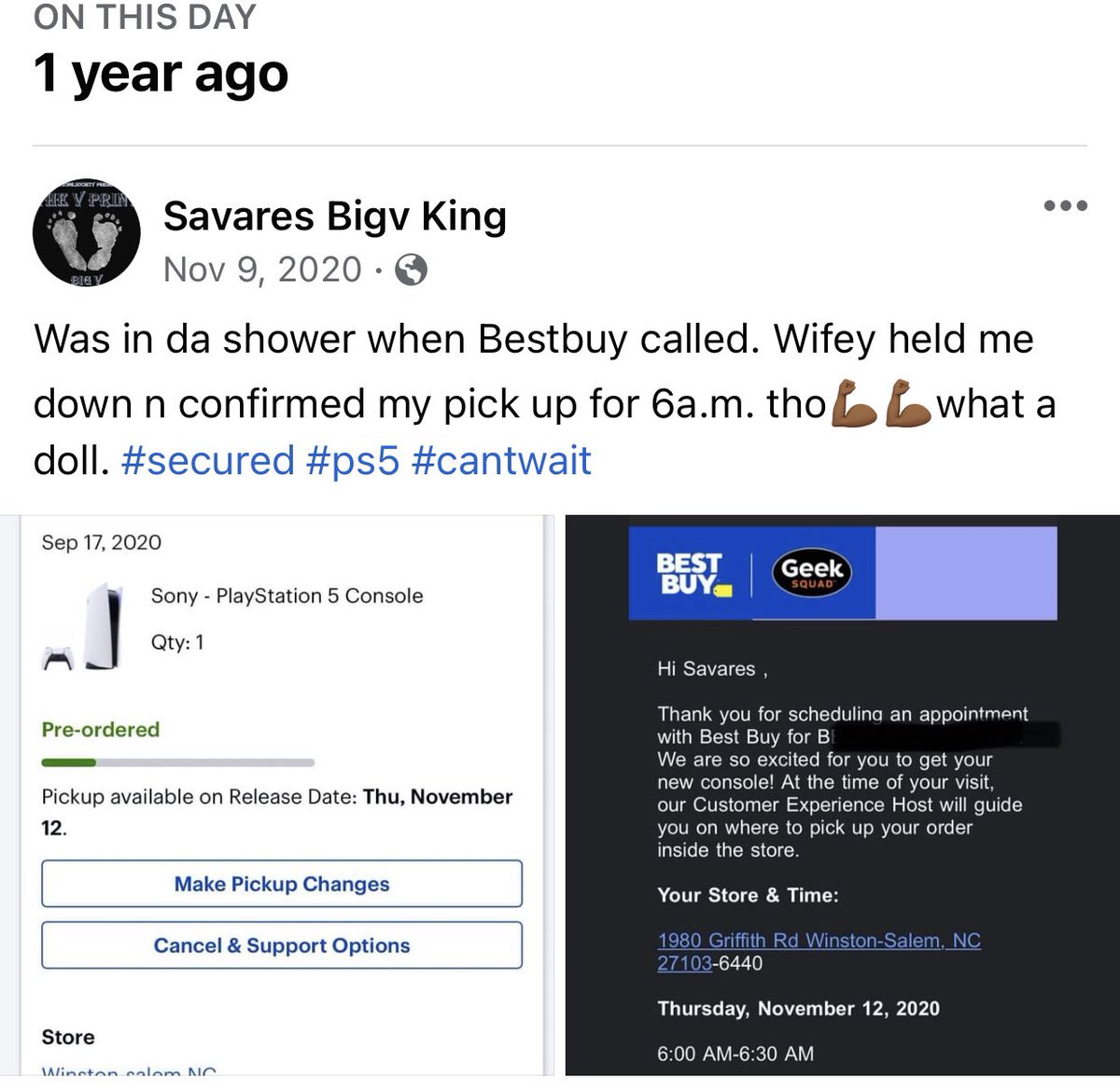 bigvskyzone's tweet photo. A year ago my 2 yrs of planning paid off. #ps5secured #dayone https://t.co/fN8HaQb04k