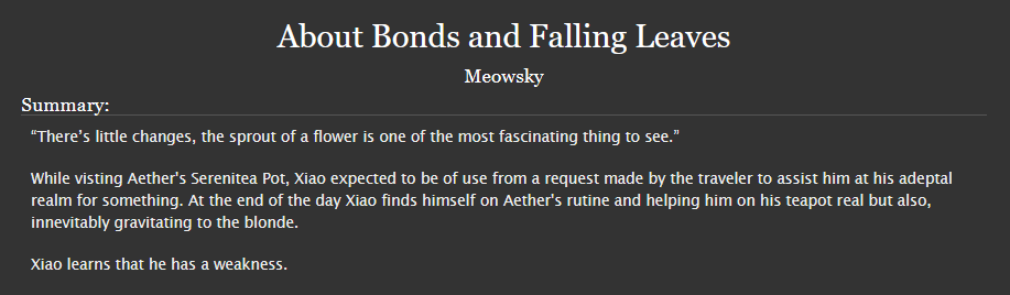 "About Bonds and Falling Leaves" 🍃✨
XiaoAether | Fluff | Chapter 1
archiveofourown.org/works/35036101

Gift for <a href="/beelzebaey/">jae 🔞 3D animations 🈳</a> I hope that you enjoy it! 🦋

<a href="/xiaotherxchange/">XiaoAether Exchange</a>
 #XiaotherExchange2021 #XiaoAether