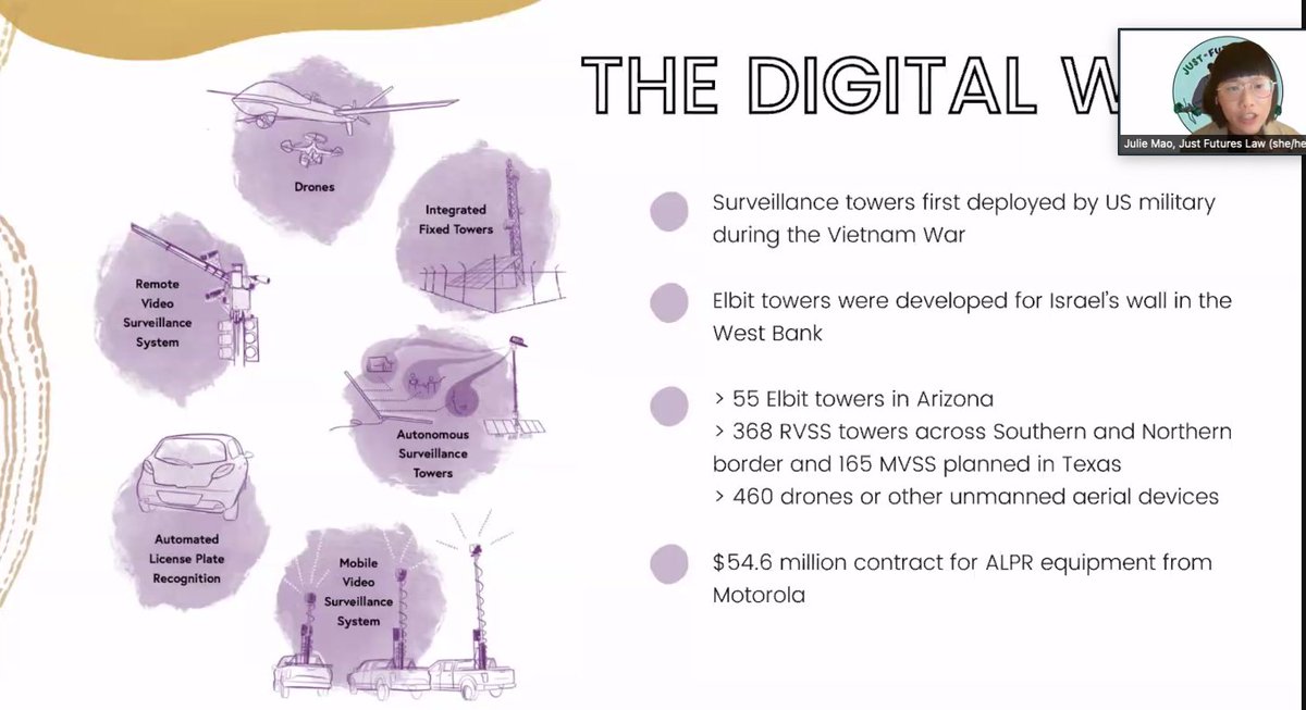"These technologies don't come from nowhere. This is originally military tech deployed in Vietnam. That system got developed ...then one company tested their tech on Palestinians while a wall was being built in the West Bank"- Julie Mao <a href="/JustFuturesLaw/">Just Futures Law</a>