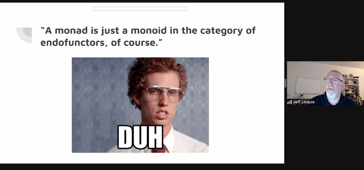 indypy's tweet photo. Don't be scared of functional programming. - @JeffLicquia at #IndyPy
You can go as deep as you want -- or you can be the type of person who doesn't know what a monoid is, but you do #functionalprogramming because it makes your code better.
#zenofpython #codingisfun https://t.co/fIOi7Nb8SS