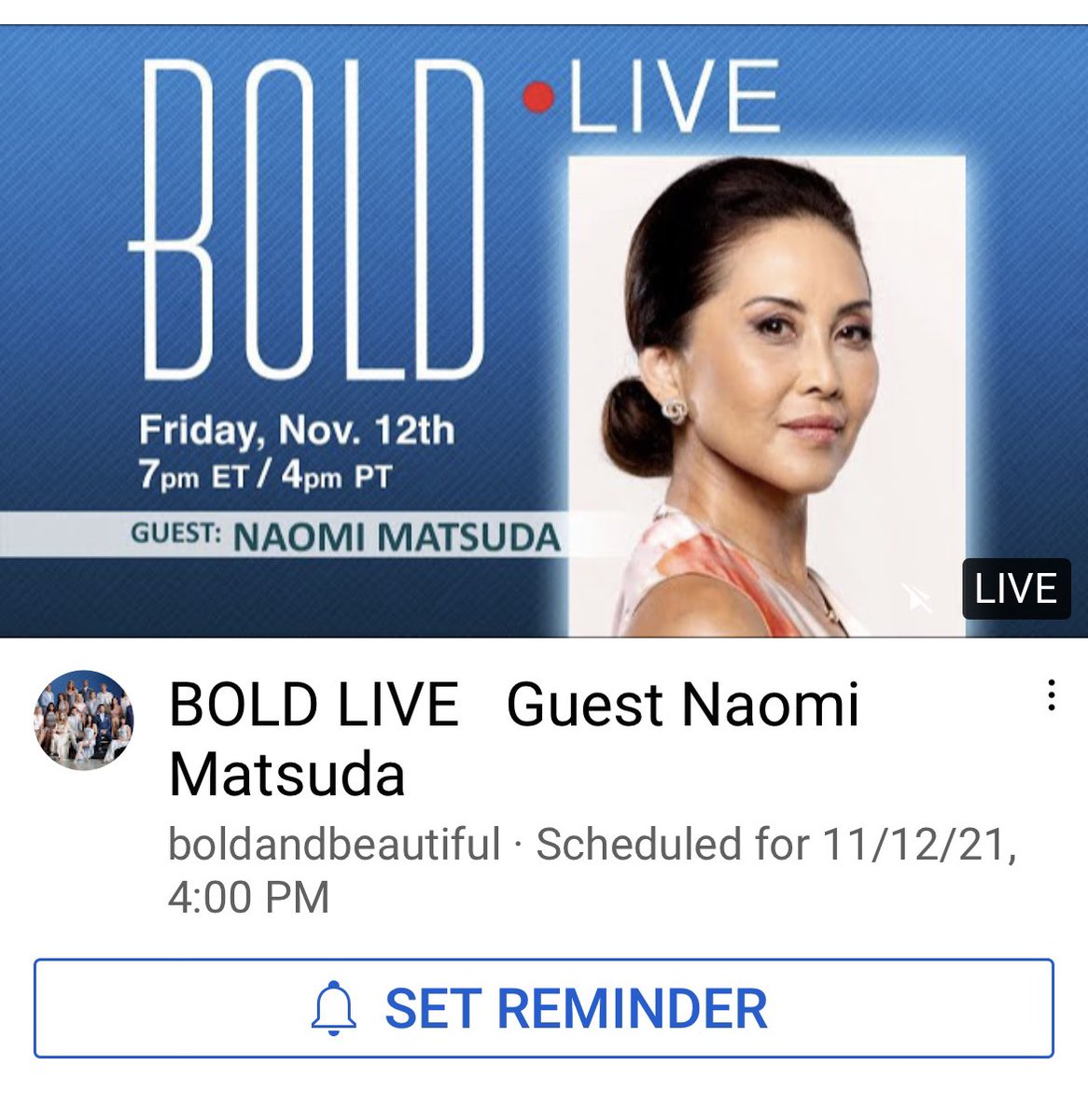 Hey Everybody! I’m going to do a live stream on B&amp;B’s Official YouTube channel this Friday, November 12th at 4:00 p.m. Pacific Time, You can even call in and ask questions LIVE! Click here to set a reminder: youtu.be/EM_uxLGBjno #BoldLive #BoldandBeautiful