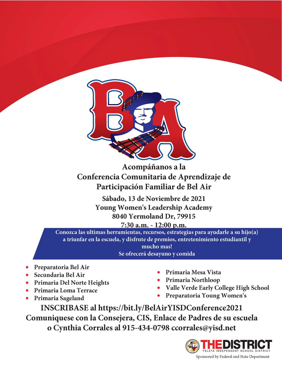 Please join us for the Bel Air Family Engagement Learning Community Conference this Saturday! 

@BA_Highlanders <a href="/YsletaISD/">Ysleta ISD</a>