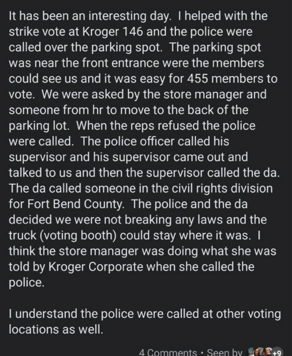 JonahFurman's tweet photo. Kroger workers with UFCW Local 455 in Houston are taking a strike authorization vote. The vote is taking place at work — but cops have repeatedly been called on voters! i.e. people who work there! Wild. https://t.co/8NkAe8O6rY
