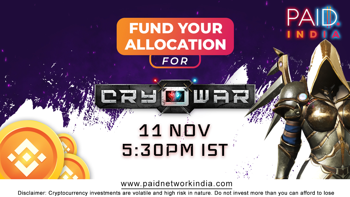 Save the date and fund your allocation for Cryowar on 11 Nov at 5:30 pm IST without miss 🕛🔜.
<a href="/CryowarDevs/">Cryowar</a> 

#PaidIndia #IDOLaunchpad #GetPAID #IDO #Jointhepool #soon #fundallocation #Cryowar #savedate