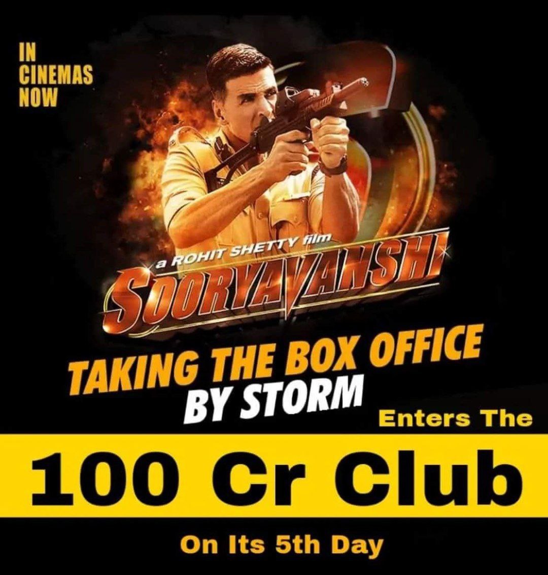 MukeshK61766507's tweet photo. #Sooryavanshi Crosses The 100 Crore Mark Within 5 Days #IndiaWide 🔥 First Bollywood Movie To Enter 100 Crore Club Since Jan 2019 
#SooryavanshiInCinemasNow @akshaykumar #KatrinaKaif #RohitShetty @RelianceEnt  @DharmaMovies https://t.co/tAIV1QNxyk