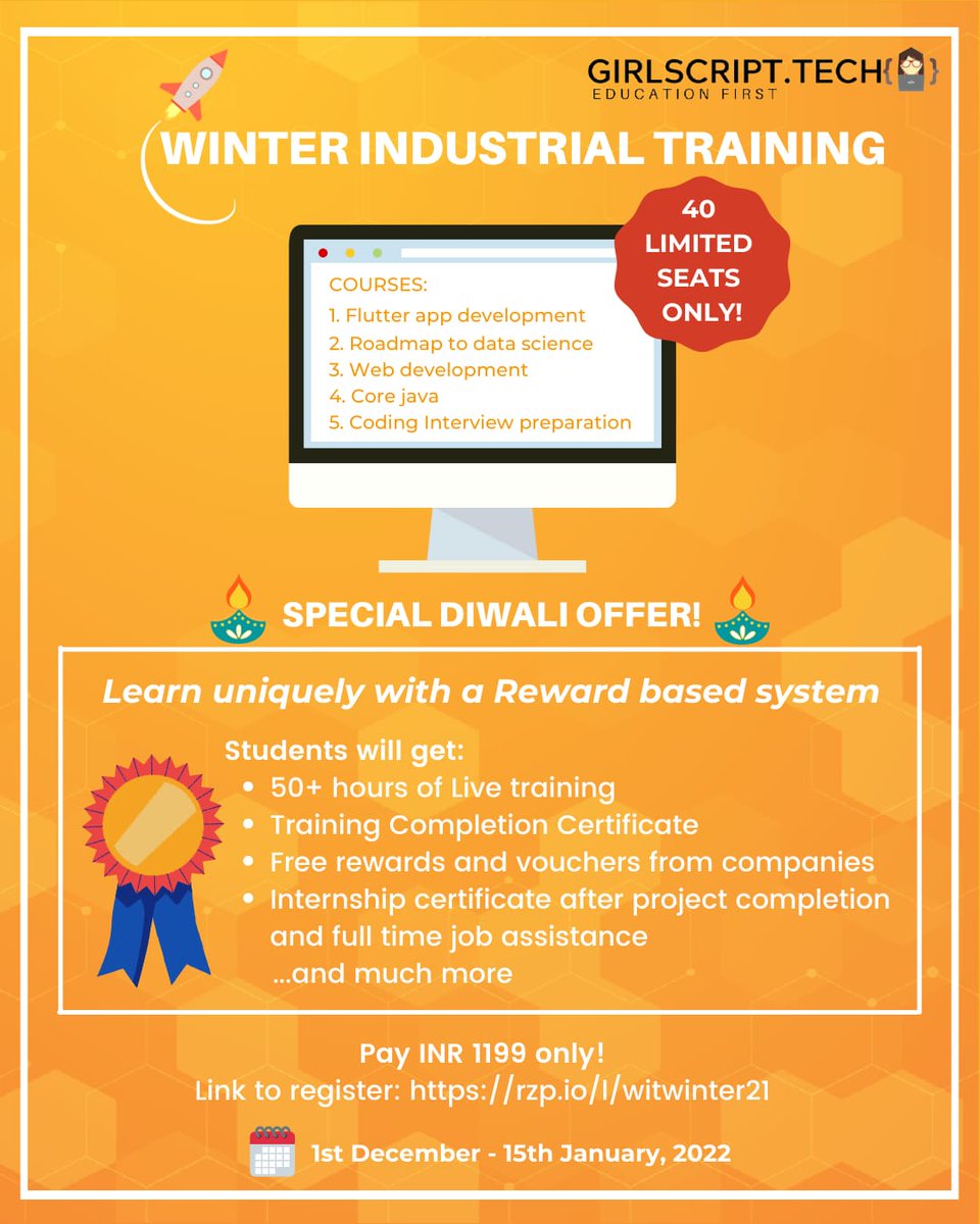 GirlScriptDurg1's tweet photo. Level Up your skill game this winter by learning a HOT new skill!🤩

Registration link: https://t.co/qrjkm23kie (Complete details regarding syllabus and tracks is here, make sure you hit this link)👀

Winter Industrial training by GirlScript Foundation

Hurry Up!! https://t.co/CzLWA4ddX5