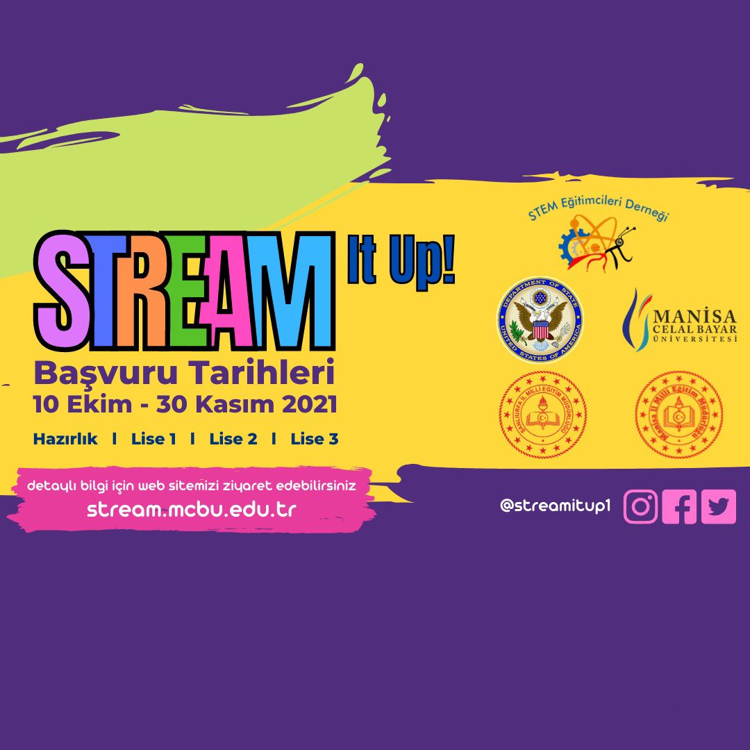 <a href="/bayaredutr/">X</a> ve <a href="/stemegt/">STEM Eğitimcileri Derneği</a> yürütücülüğündeki <a href="/il_mem_45/">Manisa İl Millî Eğitim Müdürlüğü</a> ve <a href="/sanliurfammem63/">Şanlıurfa İl Milli Eğitim Müdürlüğü</a> ‘ün paydaş olarak yer aldığı ‘’STREAM It Up!’’ (@streamitup1) projesine katılım için 81 ilimizdeki lise öğrencilerimizin başvurusunu almaya devam ediyoruz. 
Başvuru ve detaylar için: stream.mcbu.edu.tr